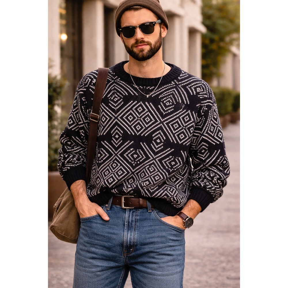 Traditionalist Vintage Geometric Diamond Knit Sweater Black Navy‎ Blue Mens L